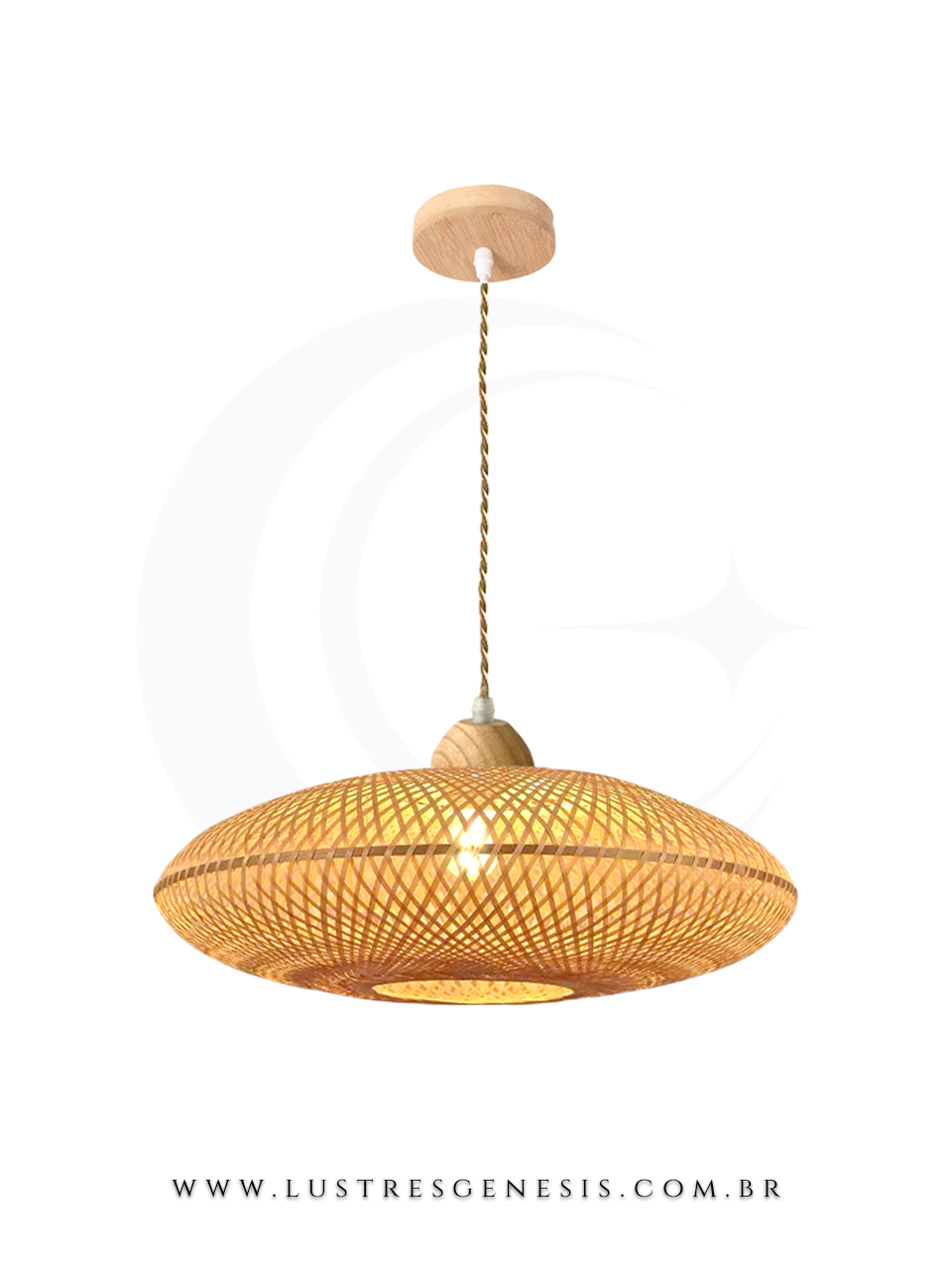 Luminária pendente de fibra de bambu Ø60cm estilo artesanal, ideal para mesas, balcão de cozinha, área gourmet e sítios.